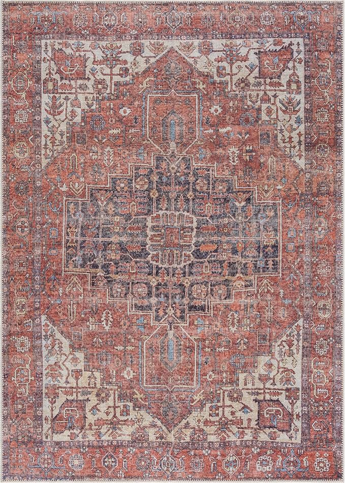 Bloom Rugs Washable 6' x 9' Rug - Red/Orange/Beige Traditional Area Rug for Living Room, Bedroom, Dining Room, and Kitchen - Exact Size: 6' x 9'