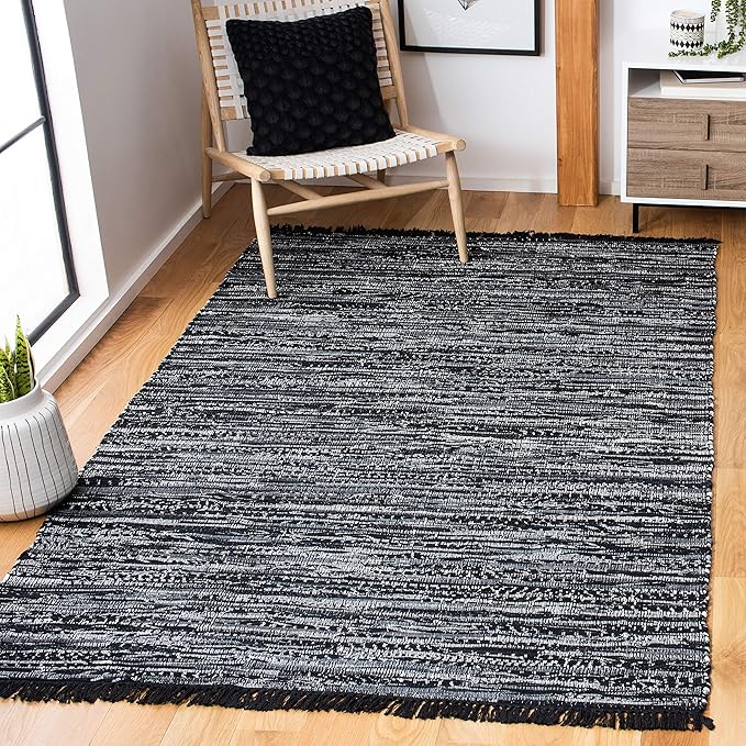 SAFAVIEH Rag Rug Collection Accent Rug - 3' x 5', Black, Handmade Boho Stripe Cotton, Ideal for High Traffic Areas in Entryway, Living Room, Bedroom (RAR121Z)