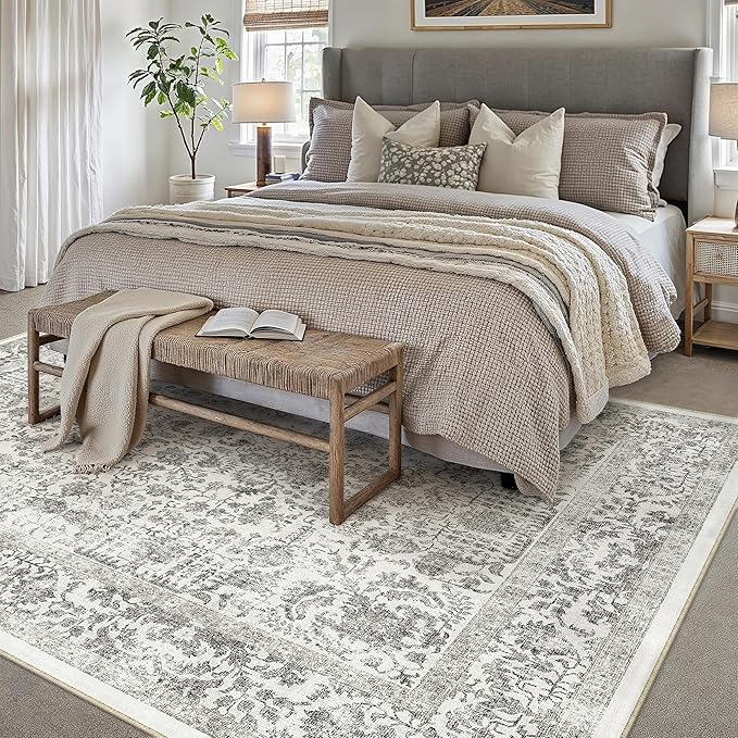 Black Area Rug 8x10 Machine Washable Large Vintage Living Room Distressed Non Slip Carpet Traditional Indoor Bedroom Retro Floral Accent Throw Rug for Office Kitchen Dining Room