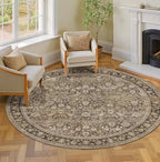 HUGEAR Round Rug 5ft Entryway Rugs Machine Washable Brown Hallway Area Rug 5x5 Small Circle Accent Rug Floral Low Pile Carpet Soft Throw Rug Living Room Office Laundry Room Entrance Non Slip