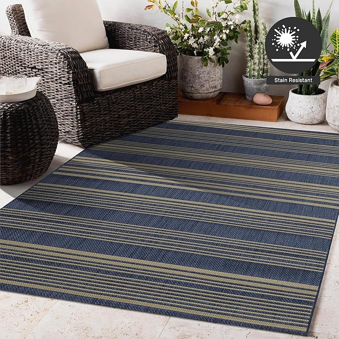 FH Home Outdoor Rug - Waterproof Easy to Clean Stain Resistant - Patio Indoor Outdoor Porch Deck Balcony Entryway - Striped Coastal - Newport - Blue - 5ft 2in x 7ft 6in