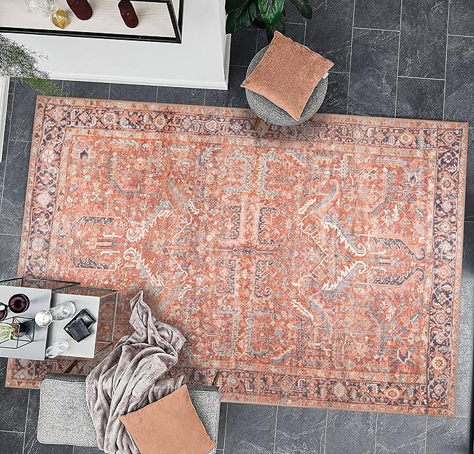 GLN Rugs Traditional Collection - Machine Washable Area Rug, Traditional Washable, Non Slip, Low Pile Chenille Rug, Living Room, Bedroom, Kitchen Rug (6' x 9' Terra/Multicolor 1168)