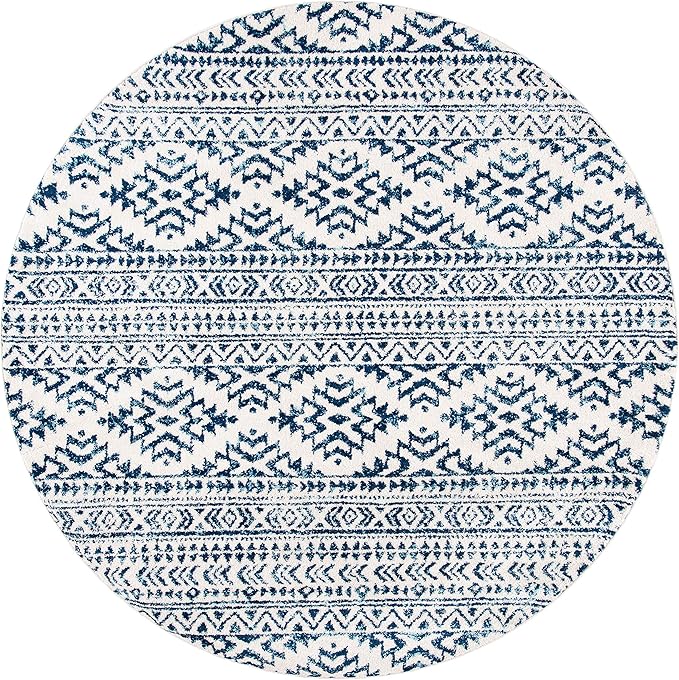 SAFAVIEH Tulum Collection Area Rug - 5' Round, Ivory & Navy, Moroccan Boho Tribal Design, Non-Shedding & Easy to Clean, Ideal for Living Room, Bedroom, Dining Space (TUL272D)