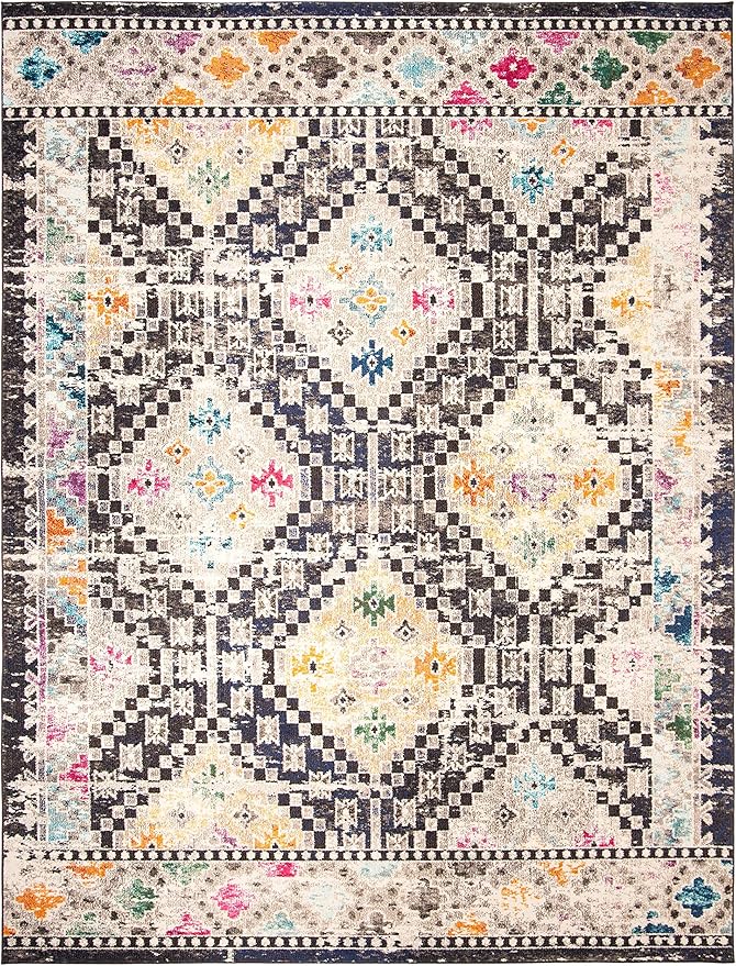 SAFAVIEH Madison Collection X-Large Area Rug - 12' x 18', Black & Yellow, Boho Diamond Distressed Design, Non-Shedding & Easy Care, Ideal for High Traffic Areas in Living Room, Bedroom (MAD418Z)