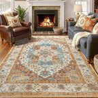 YJ.GWL Area Rugs for Living Room 4x6 Machine Washable Rugs for Bedroom, Non Slip Floral Vintage Rug Indoor Carpet, Stain Resistant Throw Rug for Dining Room Kitchen, Brick Orange