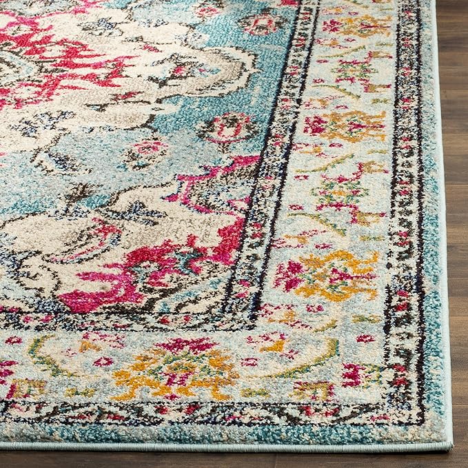 SAFAVIEH Monaco Collection Area Rug - 8'8" Square, Light Blue & Fuchsia, Boho Chic Medallion Distressed Design, Non-Shedding & Easy Care, Ideal for High Traffic Areas in Living Room, Bedroom (MNC243J)