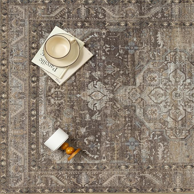 4x6 Brown Washable Vintage Area Rug for Living Room Bedroom Non Slip Distressed Traditional Soft Throw Rug Low Pile Lightweight Floral Carpet Laundry Dining Room Kitchen Office Kitchen