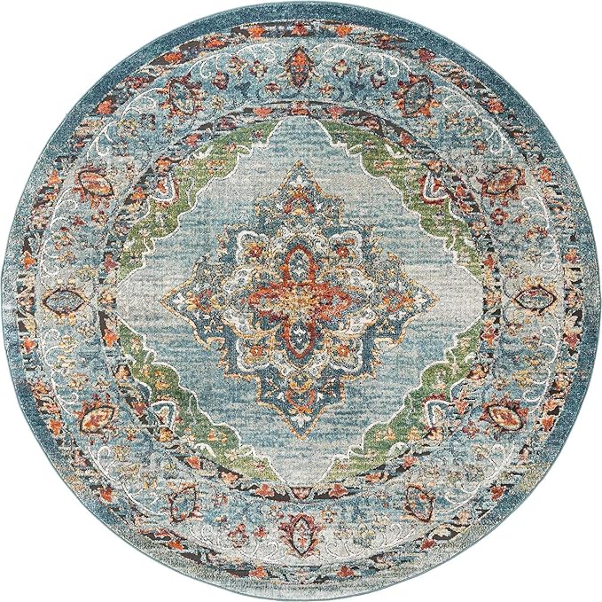 Unique Loom Isabella Collection Area Rug - Rossellini (7' 10" Round, Blue/ Beige)