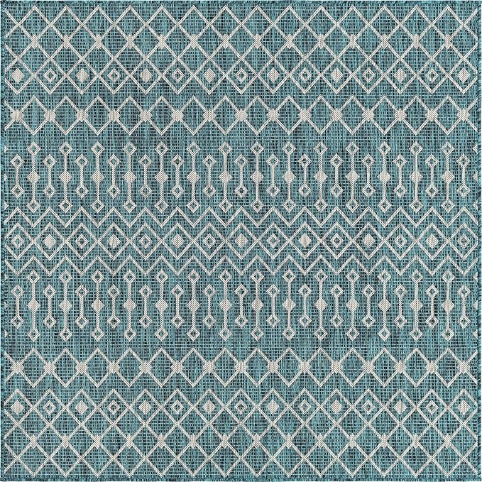 Unique Loom Outdoor Trellis Collection Area Rug - Tribal Trellis (7' 10" Square, Teal/ Ivory)