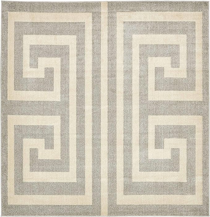 Unique Loom Athens Collection Classic Geometric Modern Border Design Area Rug (8' 0 x 8' 0 Square, Gray/ Beige)