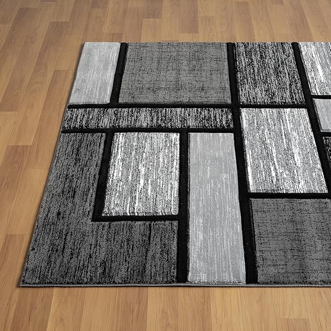 Area Rug Modern 2x7 Grey Black Squares Geometry Soft Hand Carved Contemporary Floor Carpet Fluffy Texture for Indoor Living Dining Room and Bedroom Area