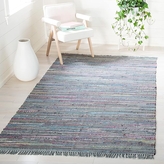 SAFAVIEH Rag Rug Collection Accent Rug - 4' x 6', Aqua & Multi, Handmade Boho Stripe Cotton, Ideal for High Traffic Areas in Entryway, Living Room, Bedroom (RAR121K)