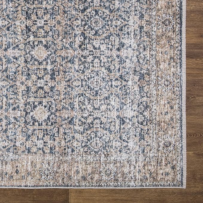 Bloom Rugs Caria Washable Non-Slip 4x6 Rug - Dark Blue/Tan Traditional Area Rug for Living Room, Bedroom, Dining Room, and Kitchen - Exact Size: 4' x 6'