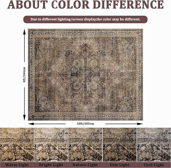 Washable 6x9 Area Rug for Living Room, Carpet for Bedroom Dining Room, Non Slip&Non-Shedding Resistant Low Pile Vintage Print Rug for Home Office (Brown1)