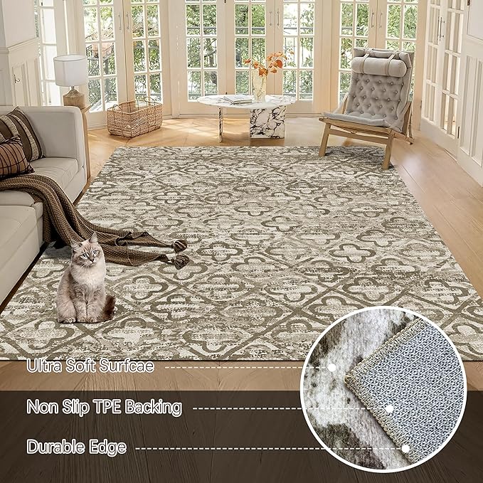 RUGSURE Washable Area Rugs, 8' x 10' - 1/6 Thick - Stain & Water Resistant Non-Slip - Perfect Resistant Rug for Living Room, Bedroom, Nursery, Pet & Child Friendly, Vibrant Colors Rugs, Brown