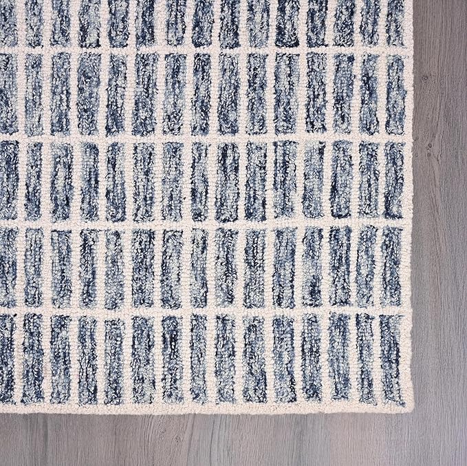 Hand-Tufted 100% Wool Area Rug – Unique Modern Geometric Grid Pattern, Soft Plush Textured Carpet for Living Room, Bedroom, Dining Room & Entryway (Denim Blue, 5' Round)