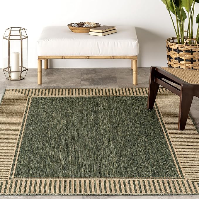 Nuloom Asha Green/Brown, 8' x 10', Casual, Striped Border, Soft and Cozy, High Traffic, Stain Resistant, Easy Clean, Durable Area Rug for Indoor/Outdoor Patio, Deck, Porch, Garden, Courtyard