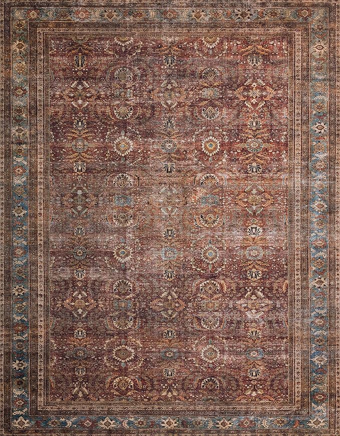 Loloi Layla Collection LAY-01 Brick/Blue 3'-6" x 5'-6" .13" Thick Accent Rug, Soft, Durable, Vintage Inspired, Distressed, Low Pile, Non-Shedding, Easy Clean, Printed, Living Room Rug
