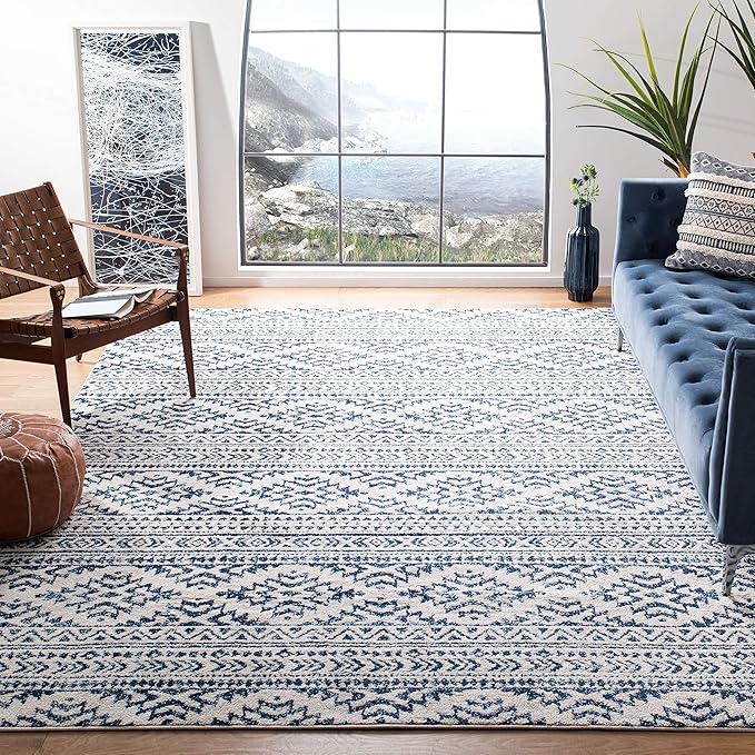 SAFAVIEH Area Rug 10x13 - Tulum Collection - Large - Ivory & Navy, Moroccan Boho Tribal Design, Non-Shedding & Easy to Clean, Ideal for Living Room, Bedroom, Dining Space (TUL272D)