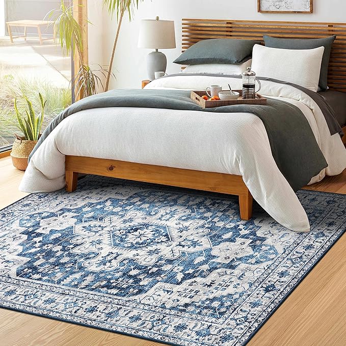 Moynesa Ultra-Thin Vintage 8x10 Area Rugs - Blue Bedroom Rugs for Living Room Non-Slip Stain Resistant, Printed Oriental Playroom Mat Indoor Floor Carpet for Dining Table Office Decor