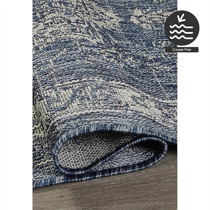 FH Home Outdoor Rug - Waterproof Easy to Clean Stain Resistant - Patio Indoor Outdoor Porch Deck Balcony Entryway - Vintage Distressed - Gorgan - Blue - 4ft x 5ft 7in