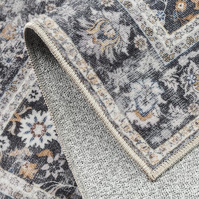 HUGEAR 5x7 Machine Washable Rugs Black Grey Hallway Area Rug Indoor Accent Rug Floral Low Pile Carpet Soft Throw Aesthetic Rug Bedroom Living Room Office Dining Room Kitchen Laundry Room Non Slip