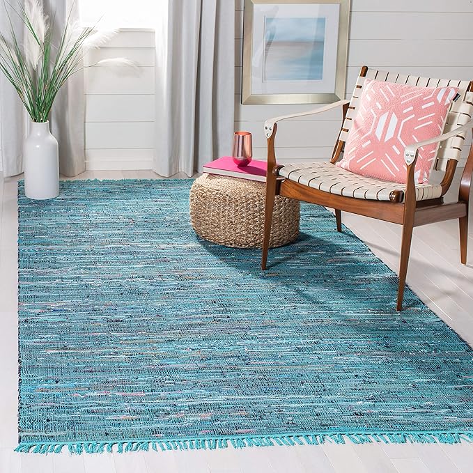 SAFAVIEH Rag Rug Collection Area Rug - 5' x 8', Blue & Multi, Handmade Boho Stripe Cotton, Ideal for High Traffic Areas in Living Room, Bedroom (RAR121B)