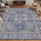 Washable Area Rug 5' x 7' Vintage Traditional Persian Mat - Foldable Distressed Non-Slip Machine Washable Carpet for Living Room Bedroom Kitchen Home Decor - Indigo and Gold