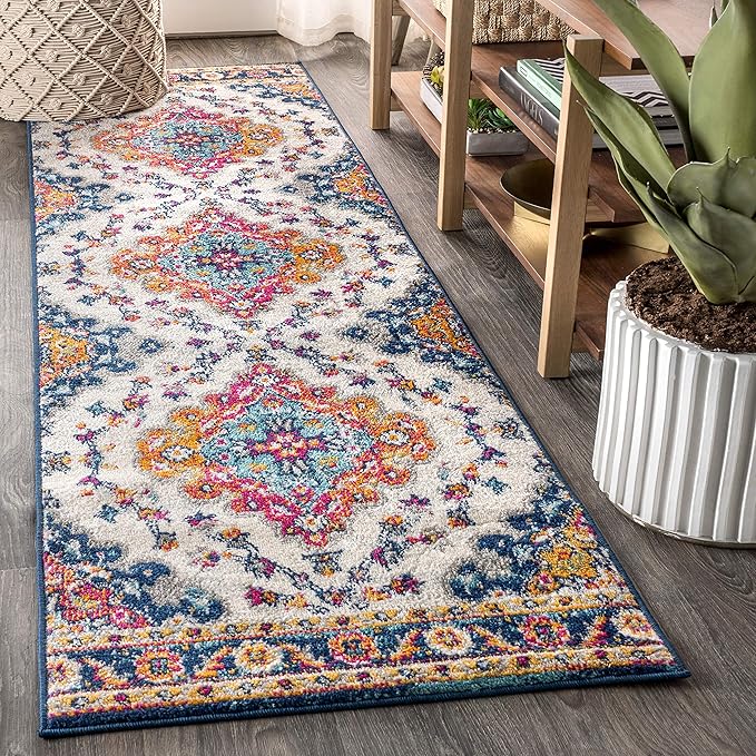JONATHAN Y Boho Vintage Blue/Multi Runner Rug, 2x16, Bohemian Flair Medallion, Floral Easy-Cleaning High Traffic for Living Room, Bedroom, Kitchen, Pet-Friendly, Non Shedding (BMF106A-216)