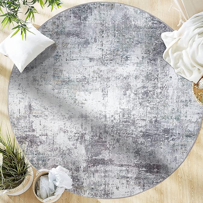 GLN Rugs Contemporary Collection - Machine Washable Area Rug, Contemporary Washable, Non Slip, Low Pile Chenille Rug, Living Room, Bedroom, Kitchen Rug (5'3" Round Grey/Green)