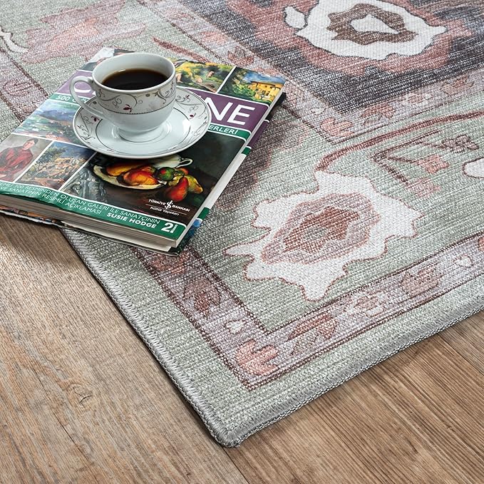 Fame Living Green Oushak Rug, Modern, Vintage, Turkish, Eclectic, Floral, Pastel, Washable, Extra Large Area Rugs for Living Room, Dining, Bedroom, Lounge, 9'x12'