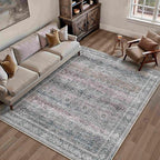 HUGEAR 6x9 Washable Area Rug Purple Vintage Neutral Distressed Carpet Living Room Bedroom Rug Soft Non Slip Low Pile Pet Friendly
