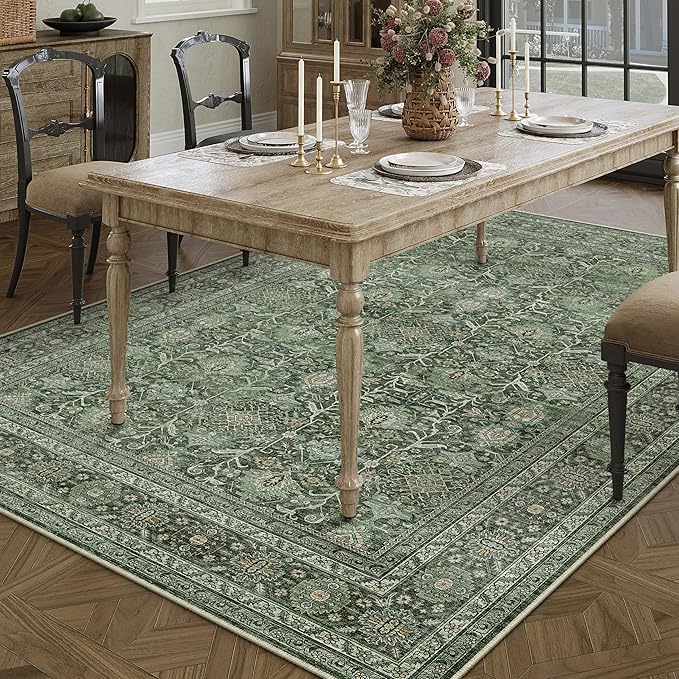 Area Rug 5x7 Green Washable Living Room Carpet Soft Non Slip Vintage Bedroom Indoor Office Traditional Retro Distressed Thicker Throw Large Rug for Dining Room Bathroom Kitchen