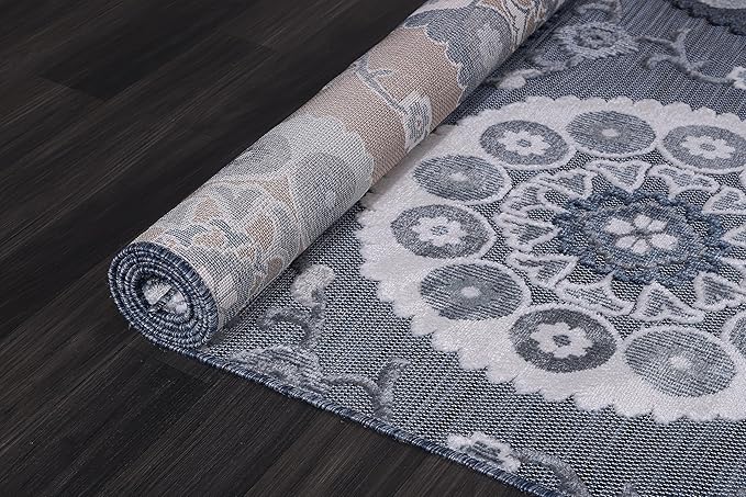 CAMILSON Indoor Outdoor Rug 5x7 Bohemian Medallion Floral Area Rugs for Indoor and Outdoor Patios Easy-Cleaning Non-Shedding Living Room Garden and Kitchen Washable Outside Carpet (5 x 7 / Navy)