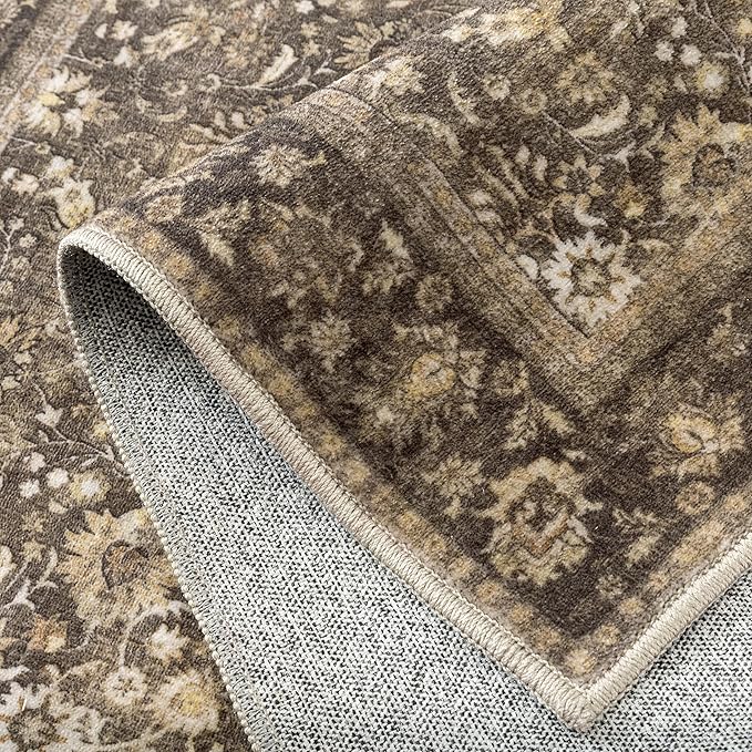 HUGEAR 2x8 Runner Rug Machine Washable Brown Hallway Area Rug Indoor Accent Rugs Floral Low Pile Carpet Soft Throw Rugs Bedroom Living Room Office Dining Kitchen Laundry Non Slip