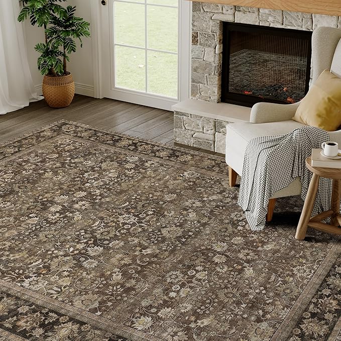HUGEAR 3x5 Machine Washable Rugs Brown Hallway Area Rug Indoor Accent Rug Floral Low Pile Carpet Soft Throw Rug Bedroom Living Room Office Dining Room Kitchen Laundry Room Non Slip