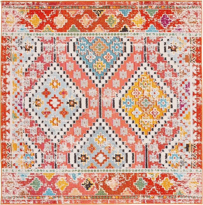 SAFAVIEH Madison Collection Area Rug - 6'7" Square, Rust & Pink, Boho Diamond Distressed Design, Non-Shedding & Easy Care, Ideal for High Traffic Areas in Living Room, Bedroom (MAD418Q)