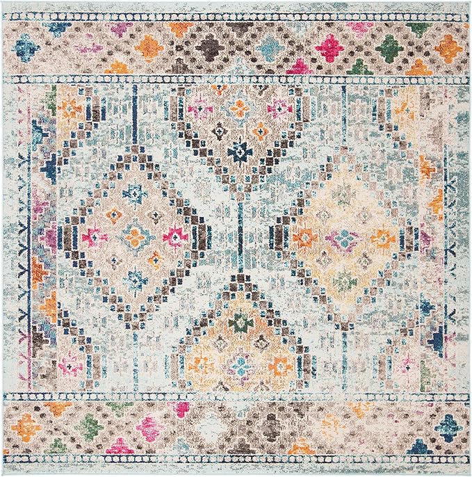 SAFAVIEH Madison Collection Area Rug - 5' Square, Blue & Yellow, Boho Diamond Distressed Design, Non-Shedding & Easy Care, Ideal for High Traffic Areas in Living Room, Bedroom (MAD418K)