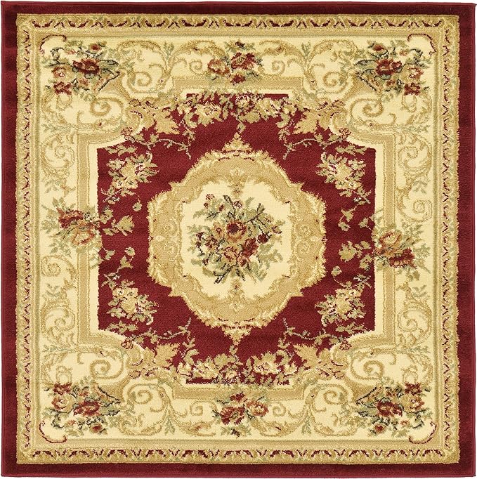 Unique Loom Versailles Collection Traditional Classic Floral Motif Area Rug (4' 0 x 4' 0 Square, Burgundy/ Ivory)