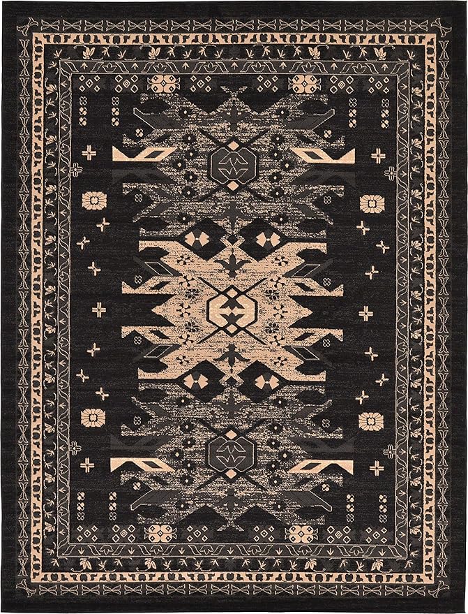 Unique Loom Taftan Collection Border Geometric Tribal Inspired Design Area Rug (9' 0 x 12' 0 Rectangular, Black/ Gray)