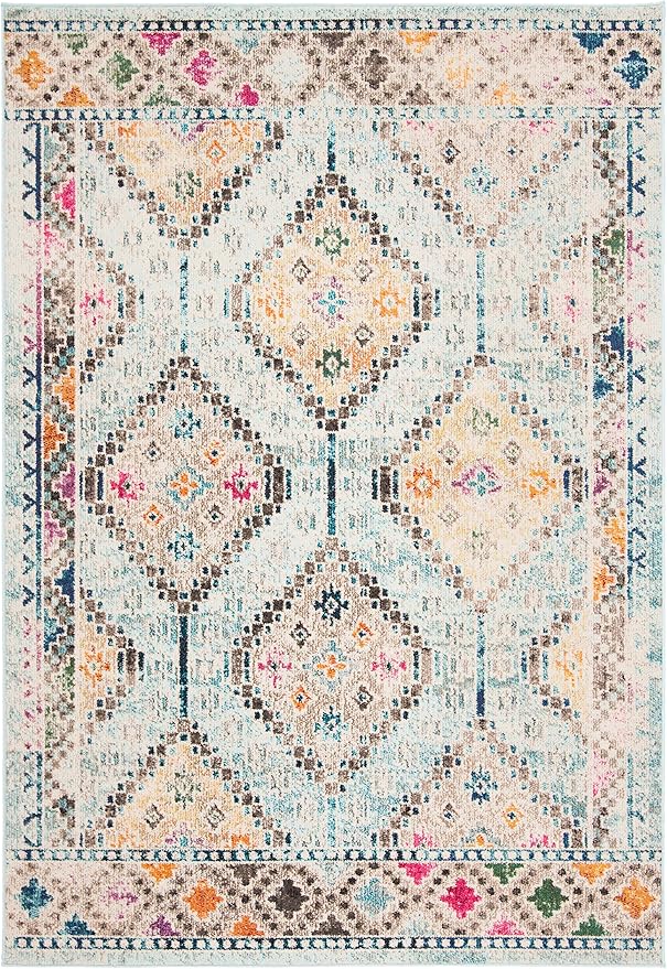 SAFAVIEH Madison Collection Accent Rug - 4' x 6', Blue & Yellow, Boho Diamond Distressed Design, Non-Shedding & Easy Care, Ideal for High Traffic Areas in Entryway, Living Room, Bedroom (MAD418K)
