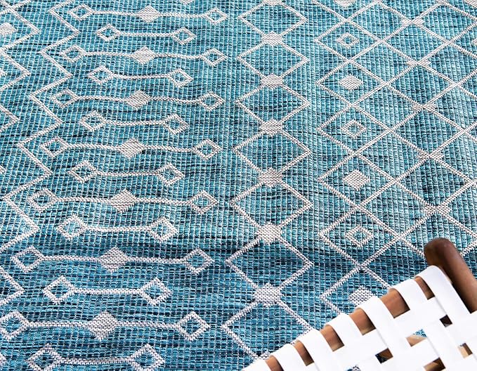 Unique Loom Outdoor Trellis Collection Area Rug - Tribal Trellis (7' 1" x 10' Rectangle, Teal/ Ivory)