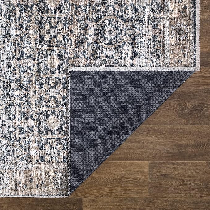 Bloom Rugs Caria Washable Non-Slip 12 ft Runner - Dark Blue/Tan Traditional Runner for Entryway, Hallway, Bathroom, and Kitchen - Exact Size: 2'6" x 12'