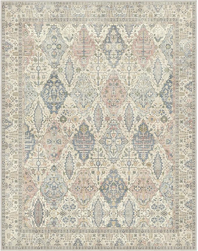GENIMO 6x9 Area Rugs for Living Room, Machine Washable Low Pile Rugs, Chenille Non Alip Vintage Rug for Bedroom, Dining Room, Home Office, Beige Cream