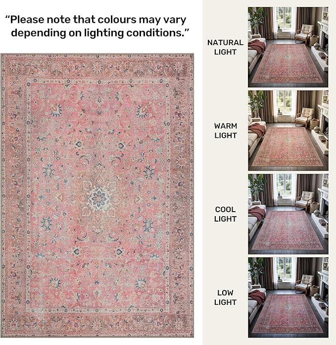 GLN Rugs Traditional Collection - Machine Washable Area Rug, Traditional Washable, Non Slip, Low Pile Chenille Rug, Living Room, Bedroom, Kitchen Rug (3' x 5' Pink/Cream)