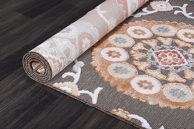 CAMILSON Indoor Outdoor Rug 6x9 Bohemian Medallion Floral Area Rugs for Indoor and Outdoor Patios Easy-Cleaning Non-Shedding Living Room Garden and Kitchen Washable Outside Carpet (6 x 9 / Brown)