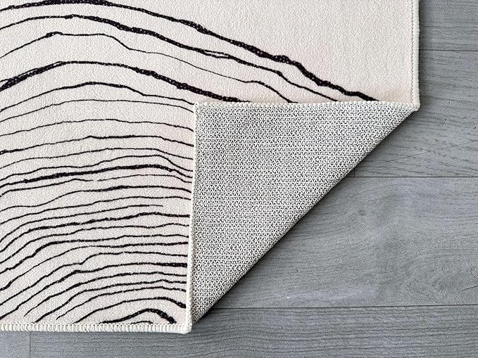 GLN Rugs Contemporary Collection - Machine Washable Area Rug, Contemporary Washable, Non Slip, Low Pile Chenille Rug, Living Room, Bedroom, Kitchen Rug (6' x 9' Beige Black)