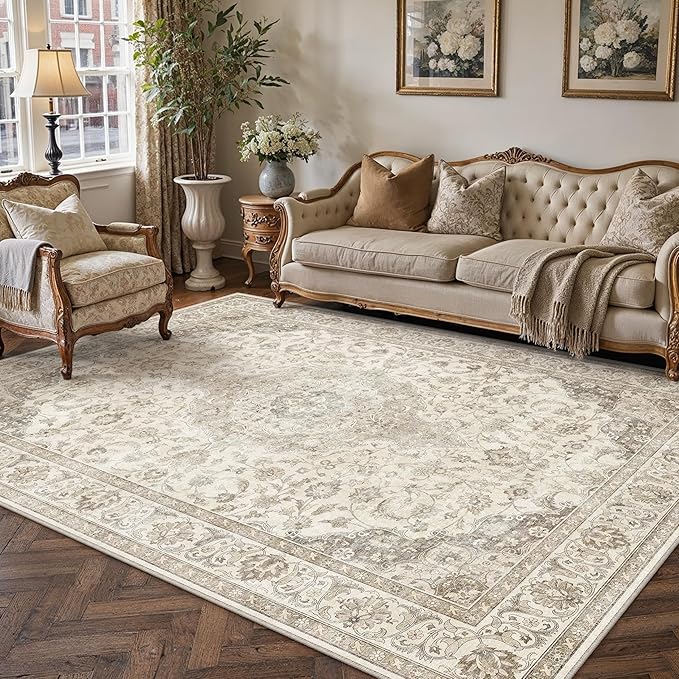 HUGEAR Area Rug 5x7 Vintage Brown Machine Washable Living Room Rugs Thin Neutral Floral Vacuumable Low Pile Carpet Bedroom Office Dining Room Laundry Room Non Slip Soft Lightweight