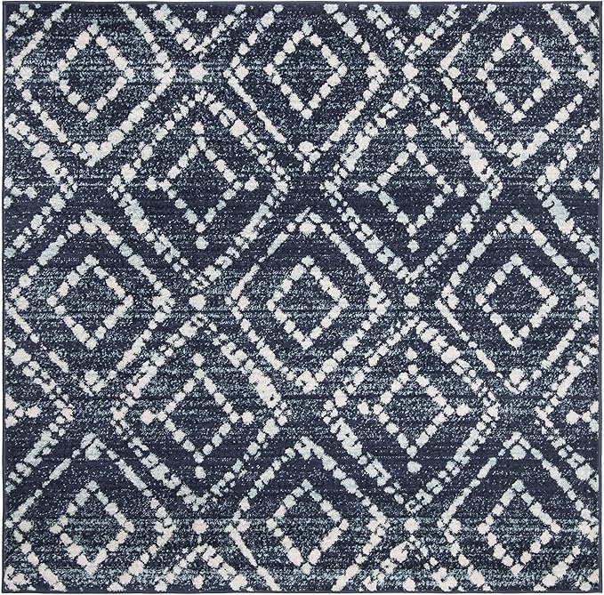 SAFAVIEH Adirondack Collection Area Rug - 6' Square, Navy & Ivory, Modern Diamond Distressed Design, Non-Shedding & Easy Care, Ideal for High Traffic Areas in Living Room, Bedroom (ADR131N)
