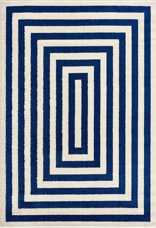 Abani Contemporary Blue & Ivory 5'3" x 7'6"(5'x8') Area Rug, Contrasting Geometric Modern Stripe Symmetrical Living Room Carpet Rugs